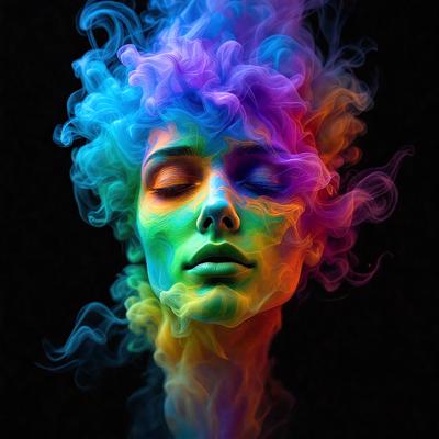 The primary subject of the image is a woman with a colorful, rainbow-colored hairstyle. She is looking down, possibly sleeping, with her eyes closed. The setting is a dark background, which contrasts with the vibrant colors of her hair. The visual style of the image is a combination of a photo and digital art, creating a unique and artistic representation of the woman. The colors and mood of the image are lively and energetic, with the woman's hair being the main focus